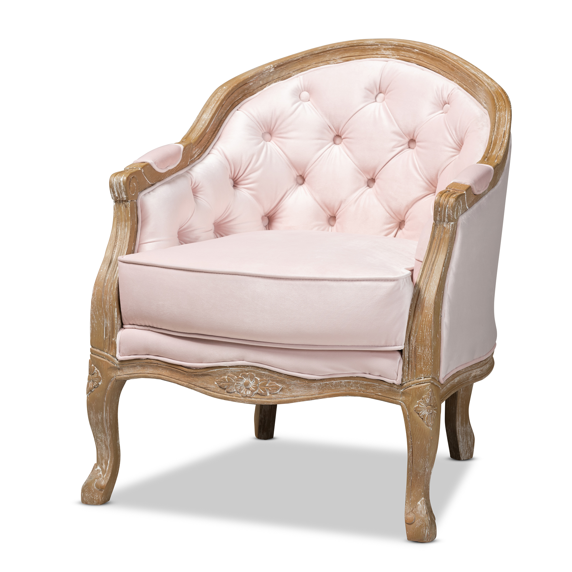 Baxton Studio Genevieve Traditional French Provincial Light Pink Velvet Upholstered White-Washed Oak Wood Armchair